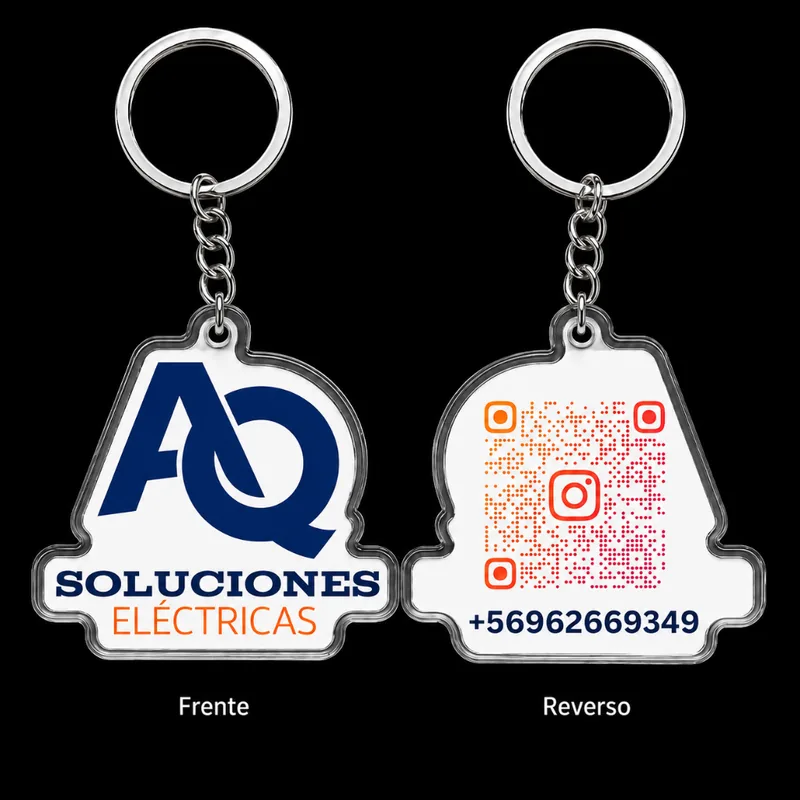 Llavero de acrílico doble cara: logo de la empresa al frente y código QR al reverso