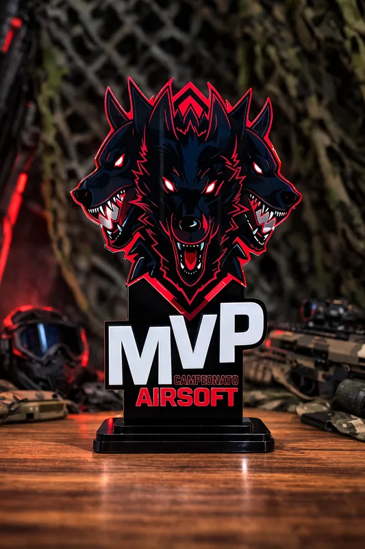 Trofeo MVP para torneo de airsoft, con diseño de lobo a todo color